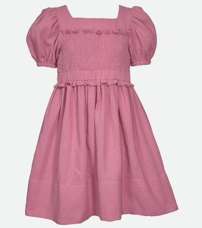 Cotton smocked pink sundress dress for tweens