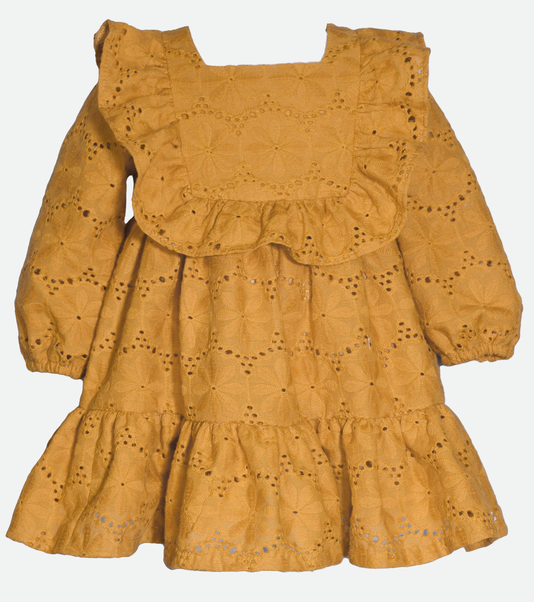 Baby girls long sleeve eyelet ruffle dress in yellow