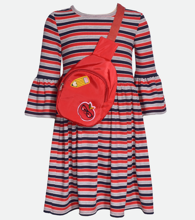 Back to school dress for girls with matching bag with patches