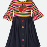 back to school dress with apples applique and denim skirt