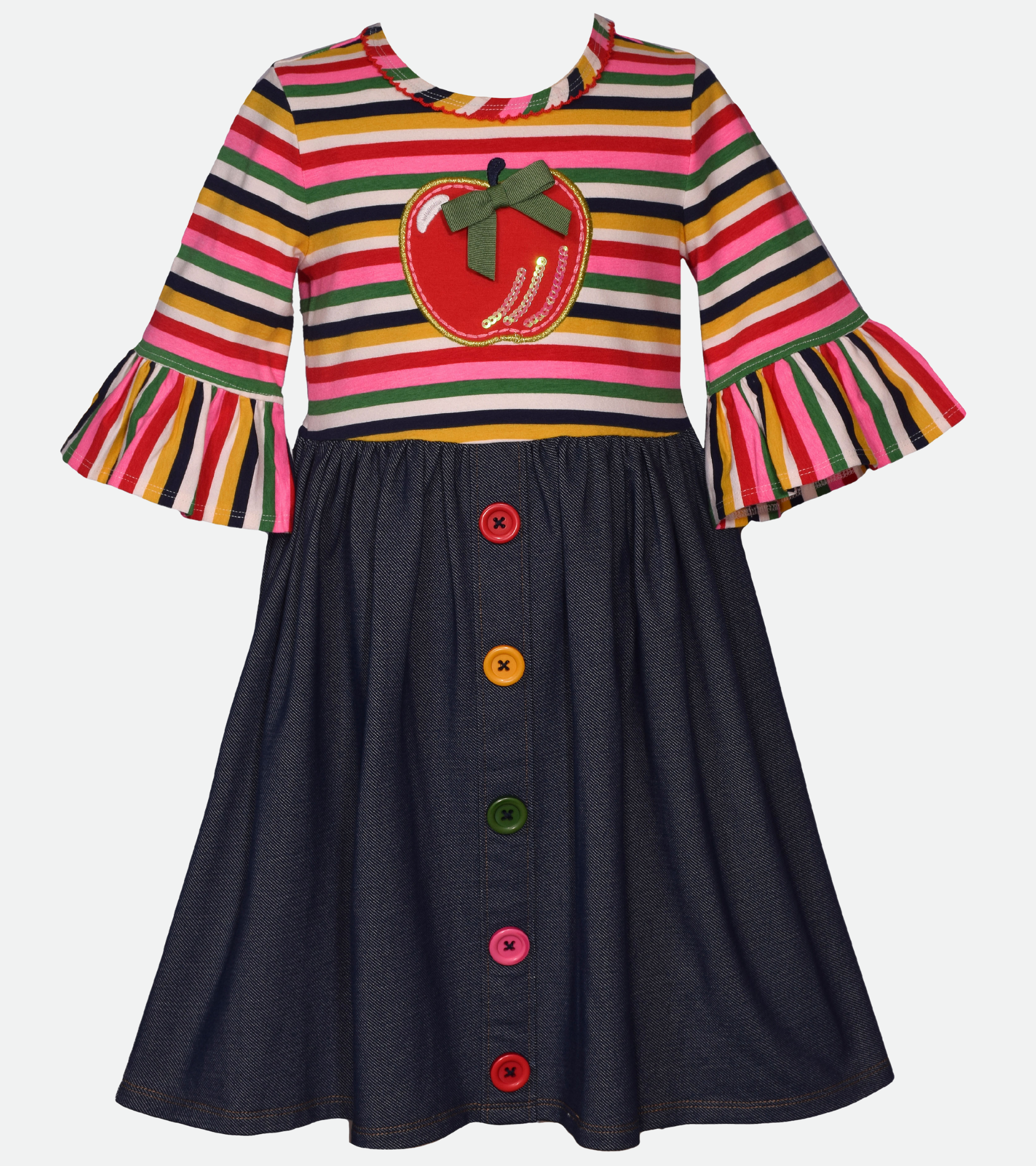 back to school dress with apples applique and denim skirt