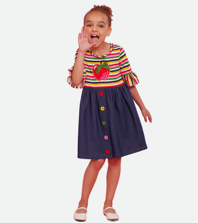 back to school dress with apples applique and denim skirt