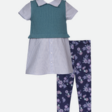 Back to school outfit set for girls with sweater vest top and floral print leggings 