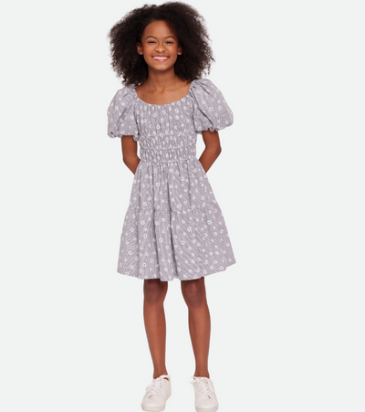 Grey smocked floral sundress for girls sundress with puff sleeves