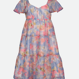 blue floral chiffon party dress for girls 