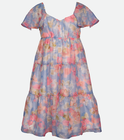 blue floral chiffon party dress for girls