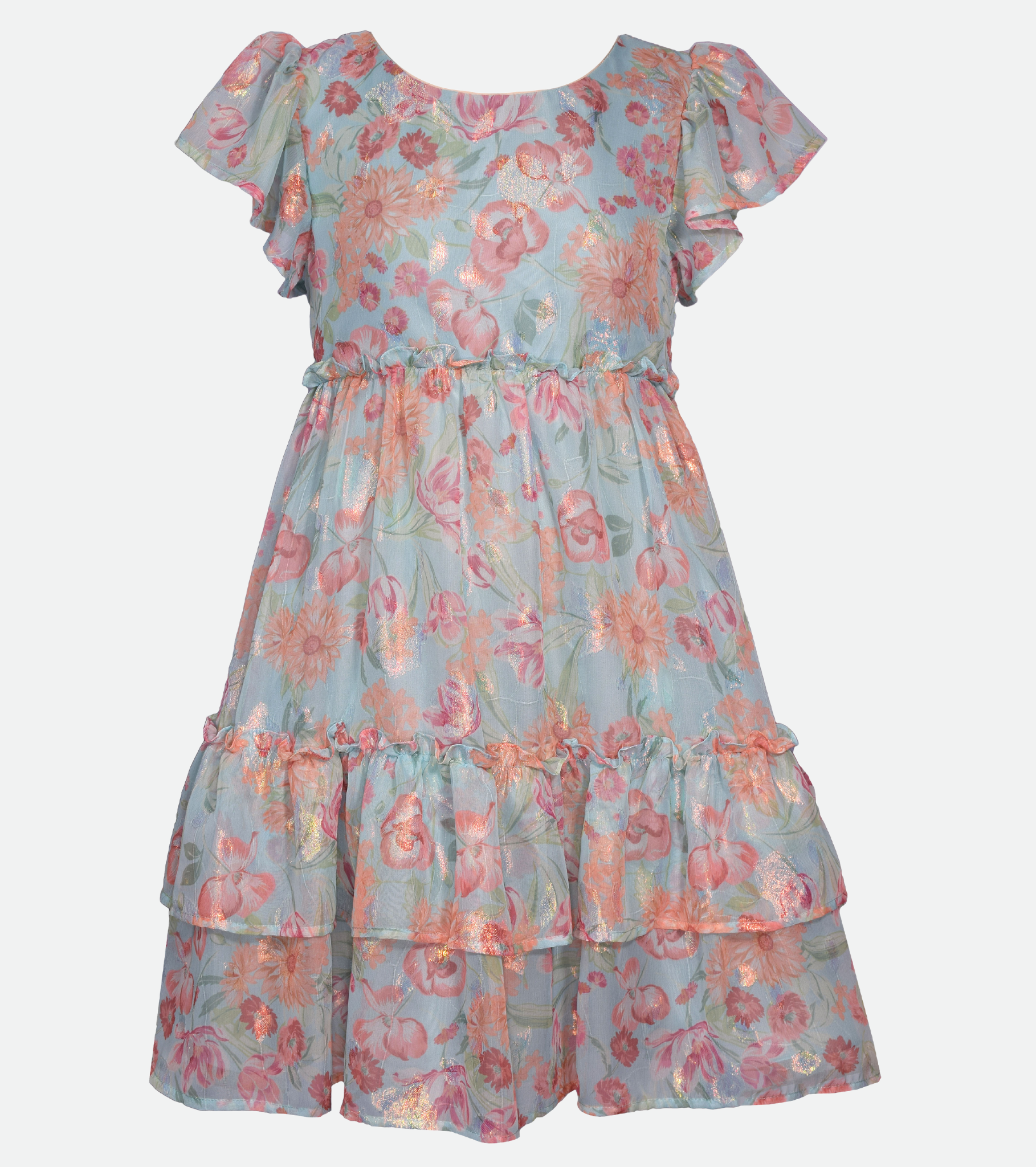 Blue floral chiffon party dress for girls 