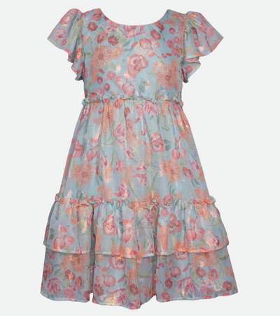 Blue floral chiffon party dress for girls