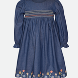 Denim Embroidered Long Sleeve Dress for Girls back to school dress for girls