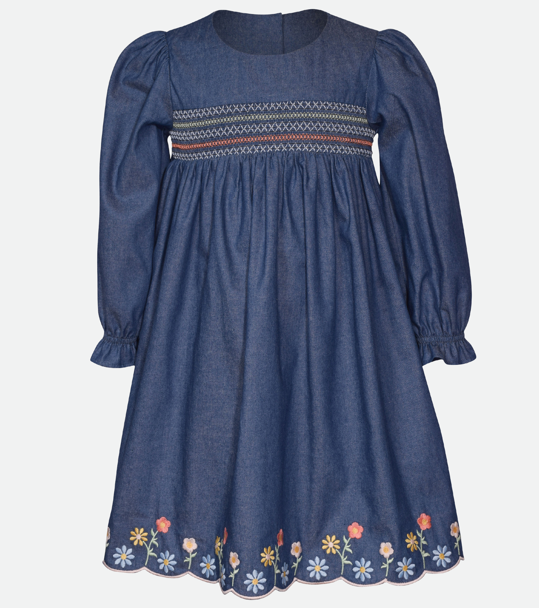 Denim Embroidered Long Sleeve Dress for Girls back to school dress for girls