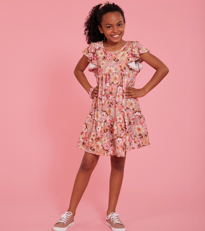 Knit pink floral dress for tween girls with matching scrunchies 