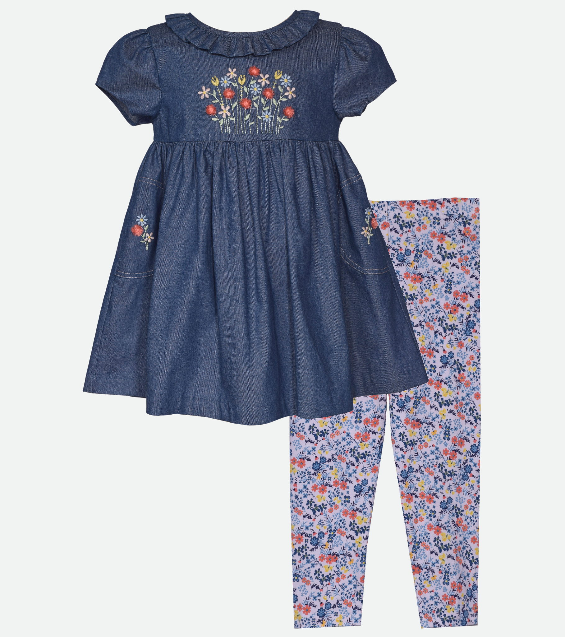 Embroidered denim top and floral legging set for girls back to school outfit for girls