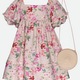 Tween Dress for Girls with bag  floral puff sleeve dress 