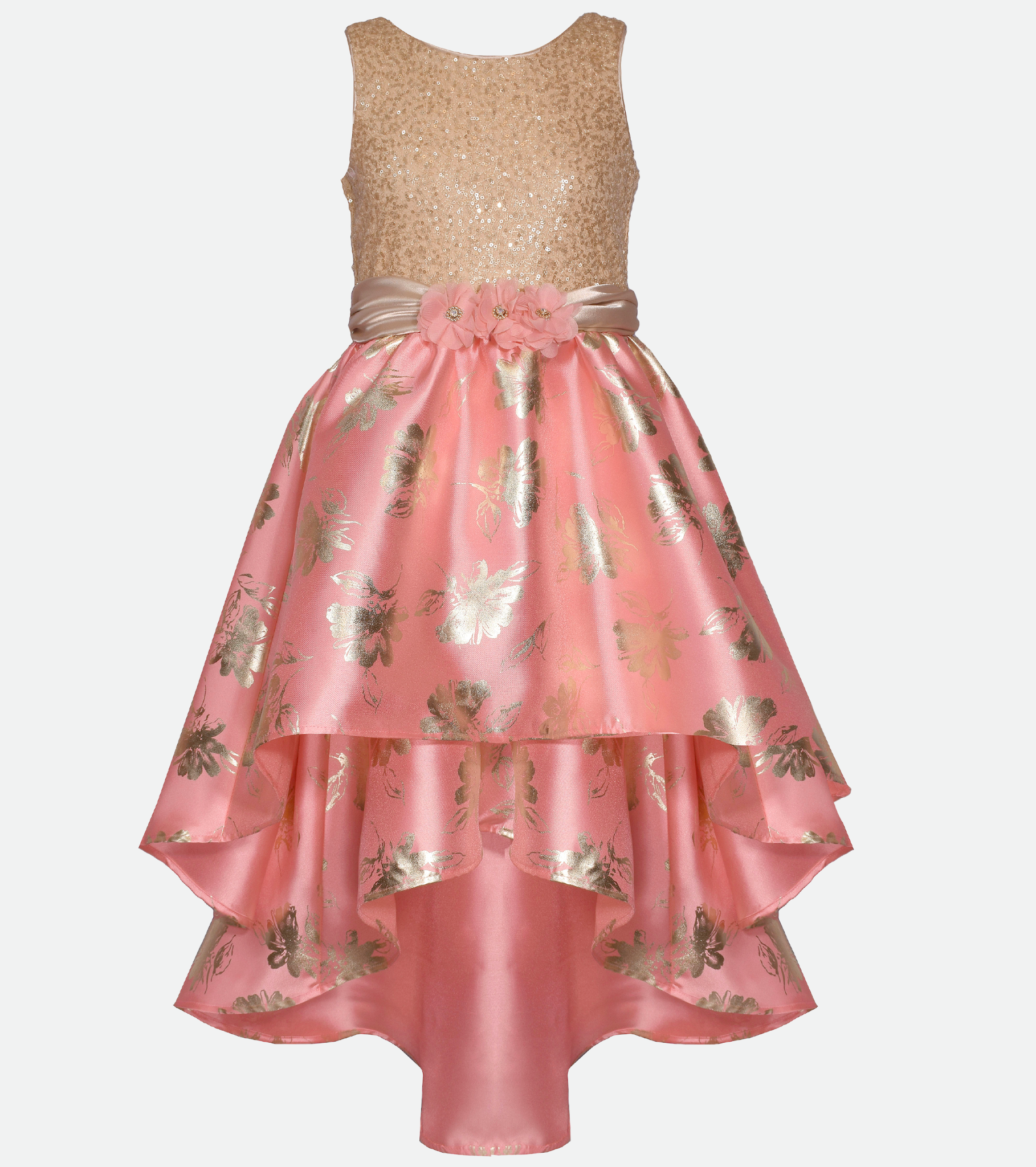 Pink and Gold Sequin Party dress for tween girls with high low skirt