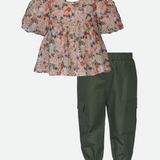 Floral top and cargo pants set for girls