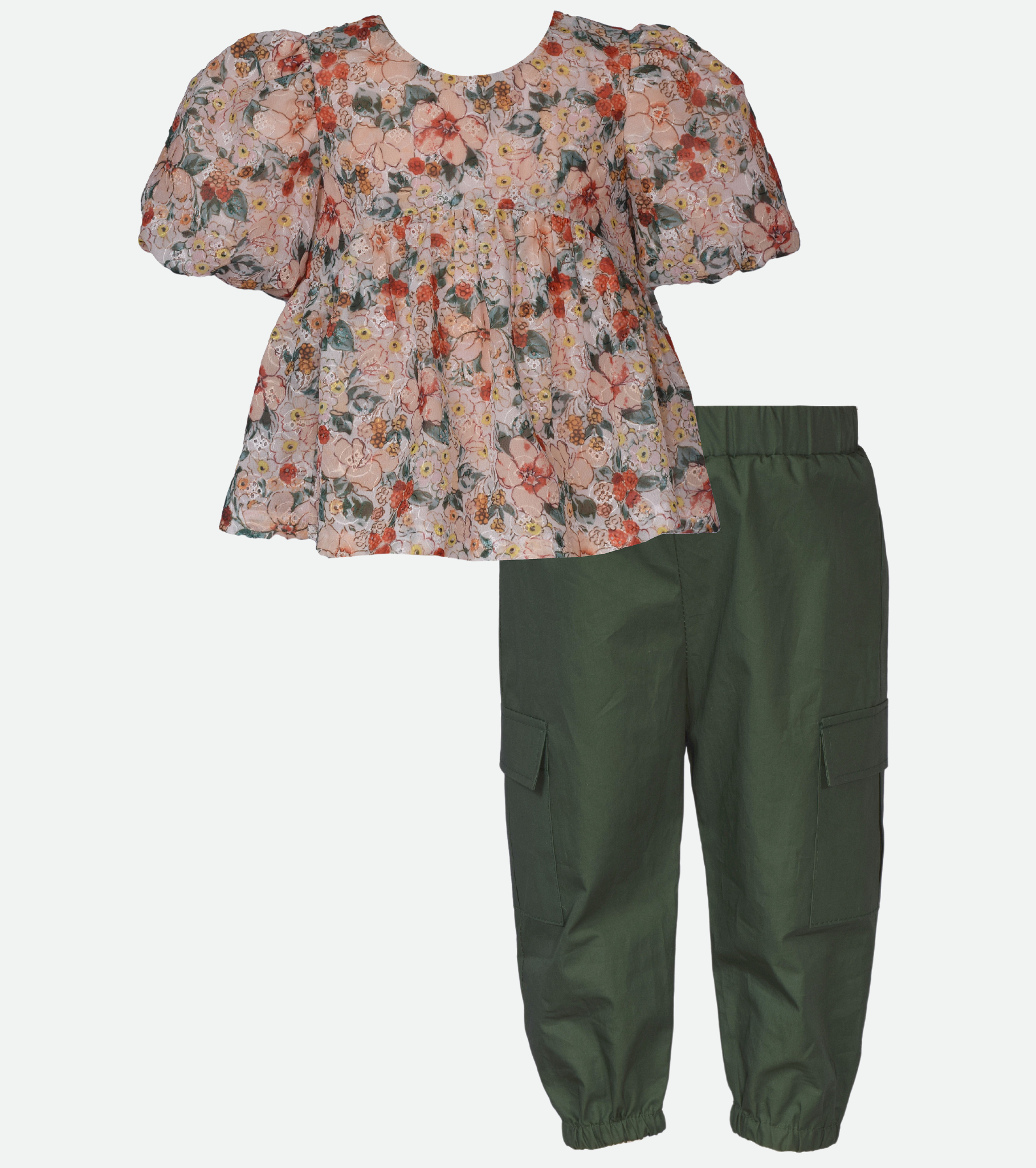 Floral top and cargo pants set for girls