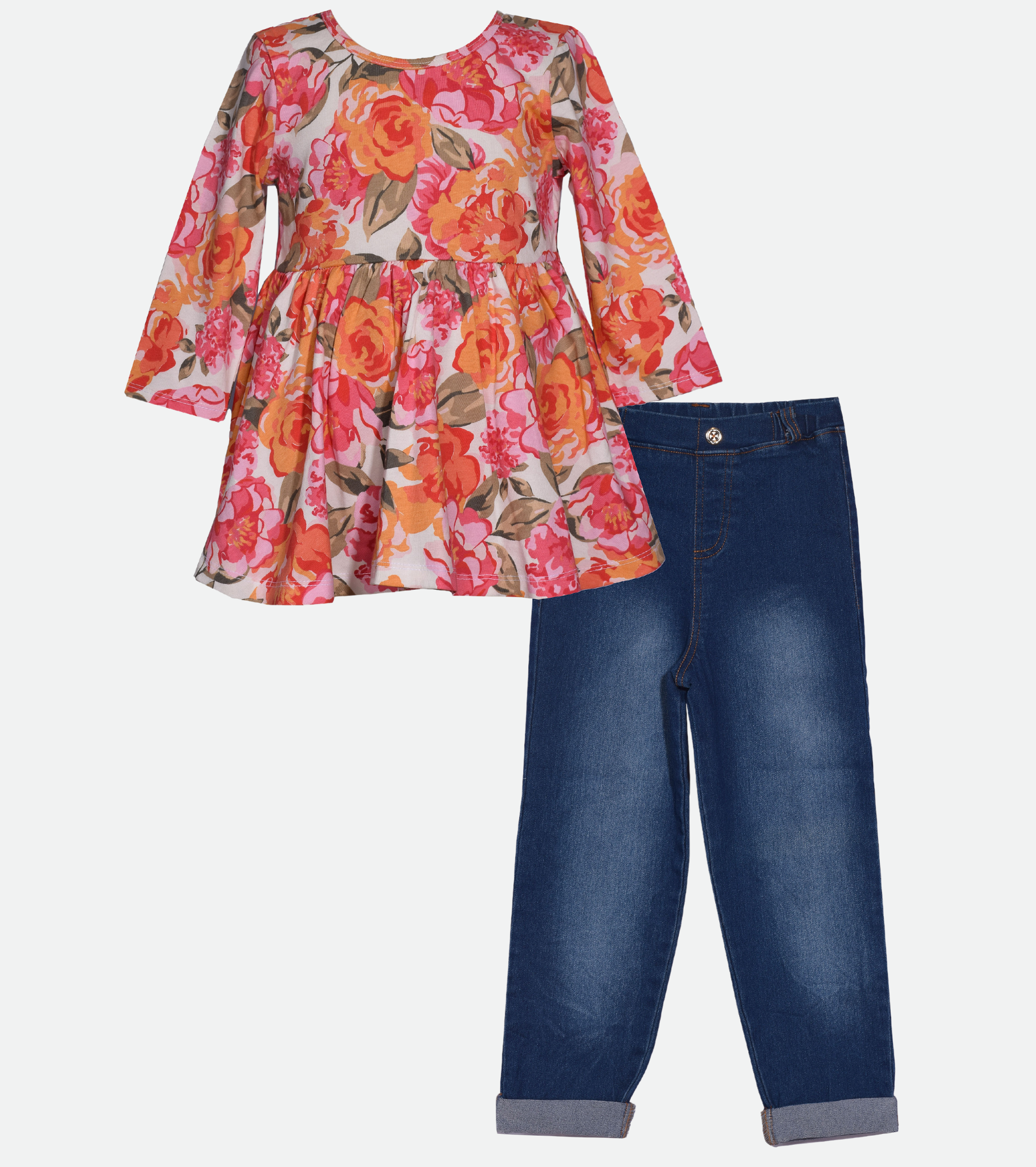 Floral long sleeve top and denim pants set for girls outfit set for girls