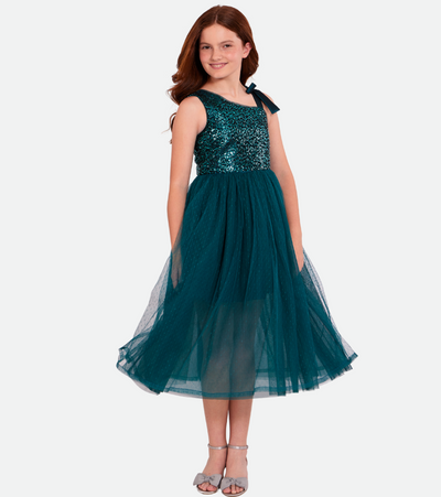 Tween girls one shoulder green sequin party dress 