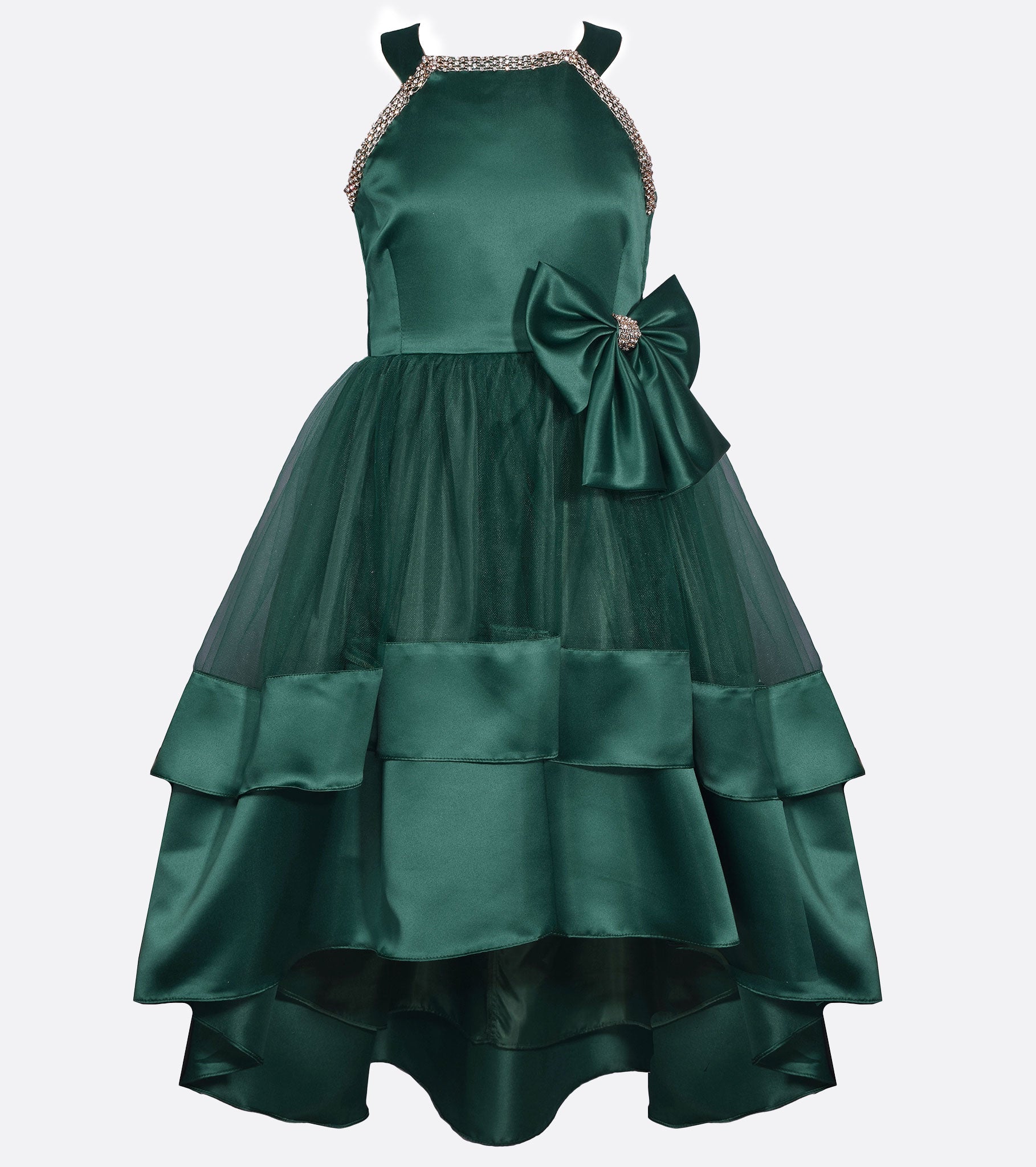 Tween girls green party dress with high low hem and rhinestones