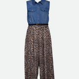 Denim and leopard print jumpsuit for girls