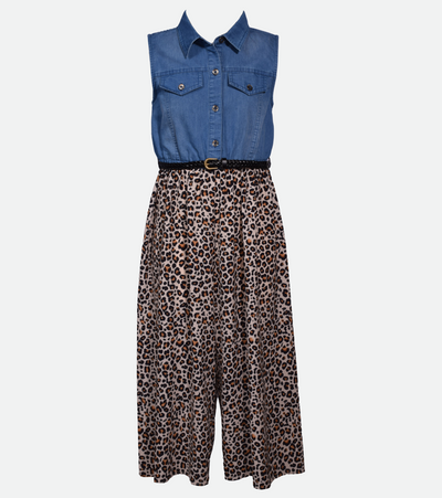 Denim and leopard print jumpsuit for girls