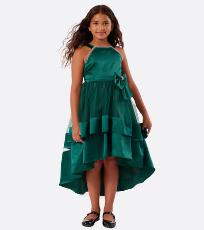 Tween girls green party dress with high low hem and rhinestones