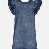 Classic washed denim shift dress accented by three-layer ruffle sleeves 