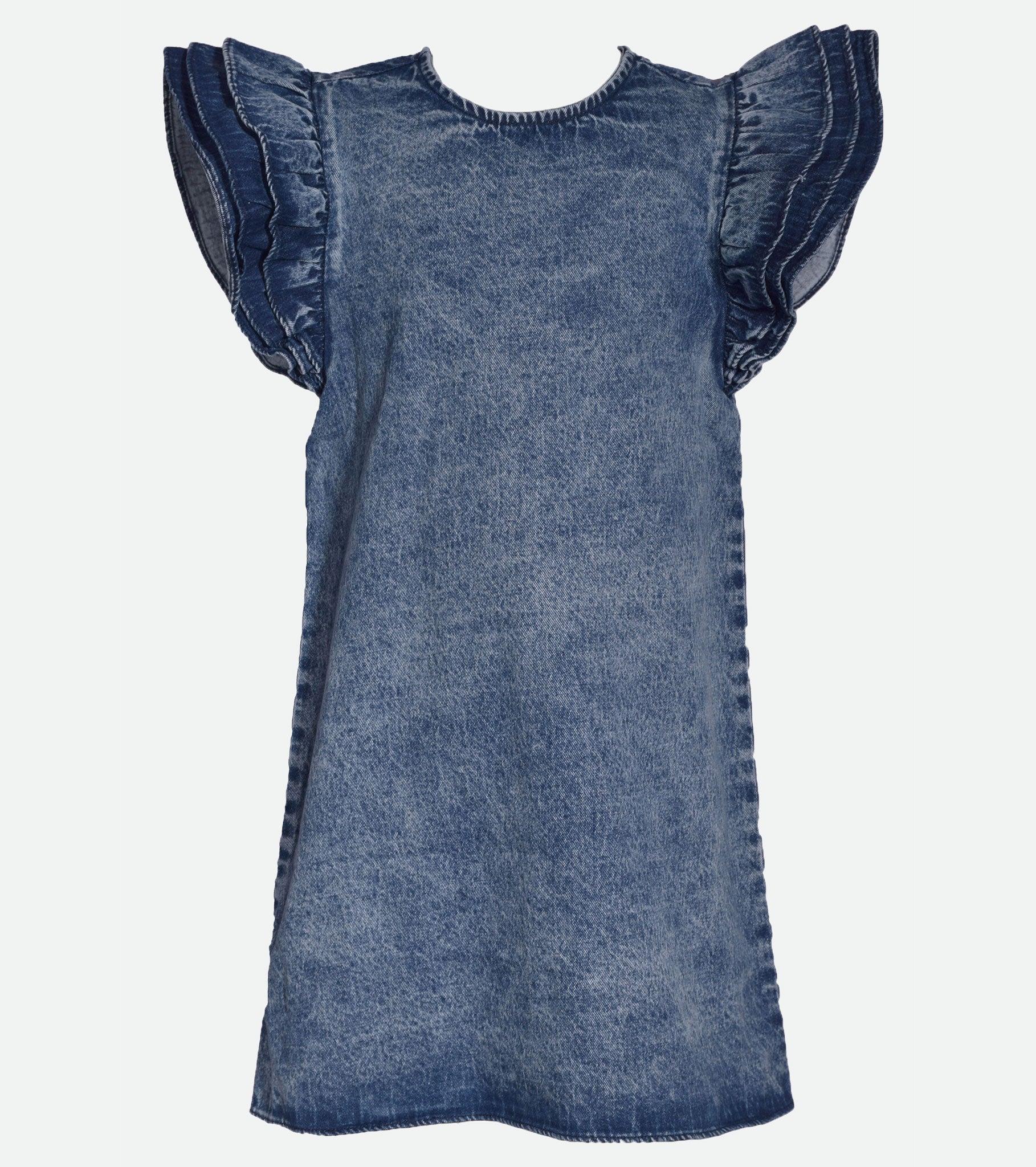 Classic washed denim shift dress accented by three-layer ruffle sleeves 