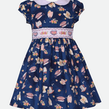 Navy Smocked Tea Cup Print dress for girls with tea cup embroidery and peter pan collar