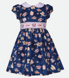 Navy Smocked Tea Cup Print dress for girls with tea cup embroidery and peter pan collar