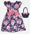 Girls navy floral party dress with purse 
