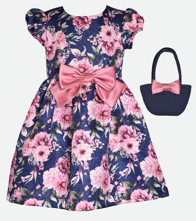 Girls navy floral party dress with purse