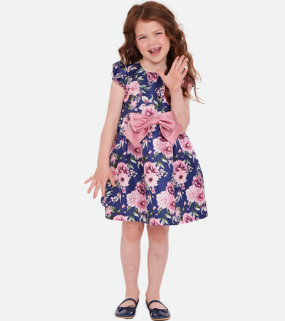 Girls navy floral party dress with purse 