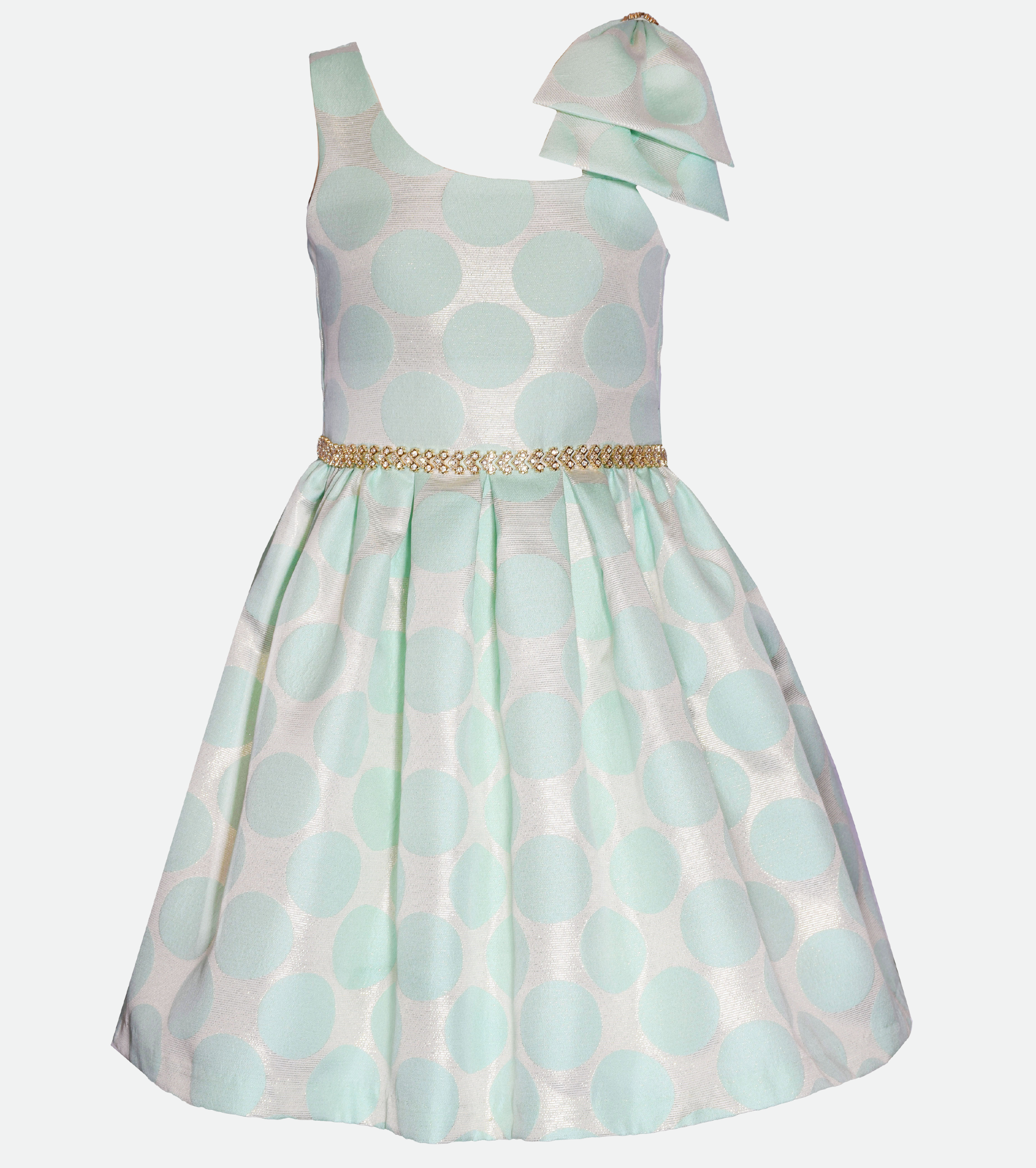 Girls Party Dress with bow shoulder and  polka dots in mint green 