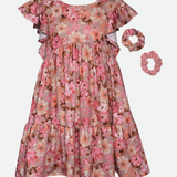 Knit pink floral dress for tween girls with matching scrunchies 