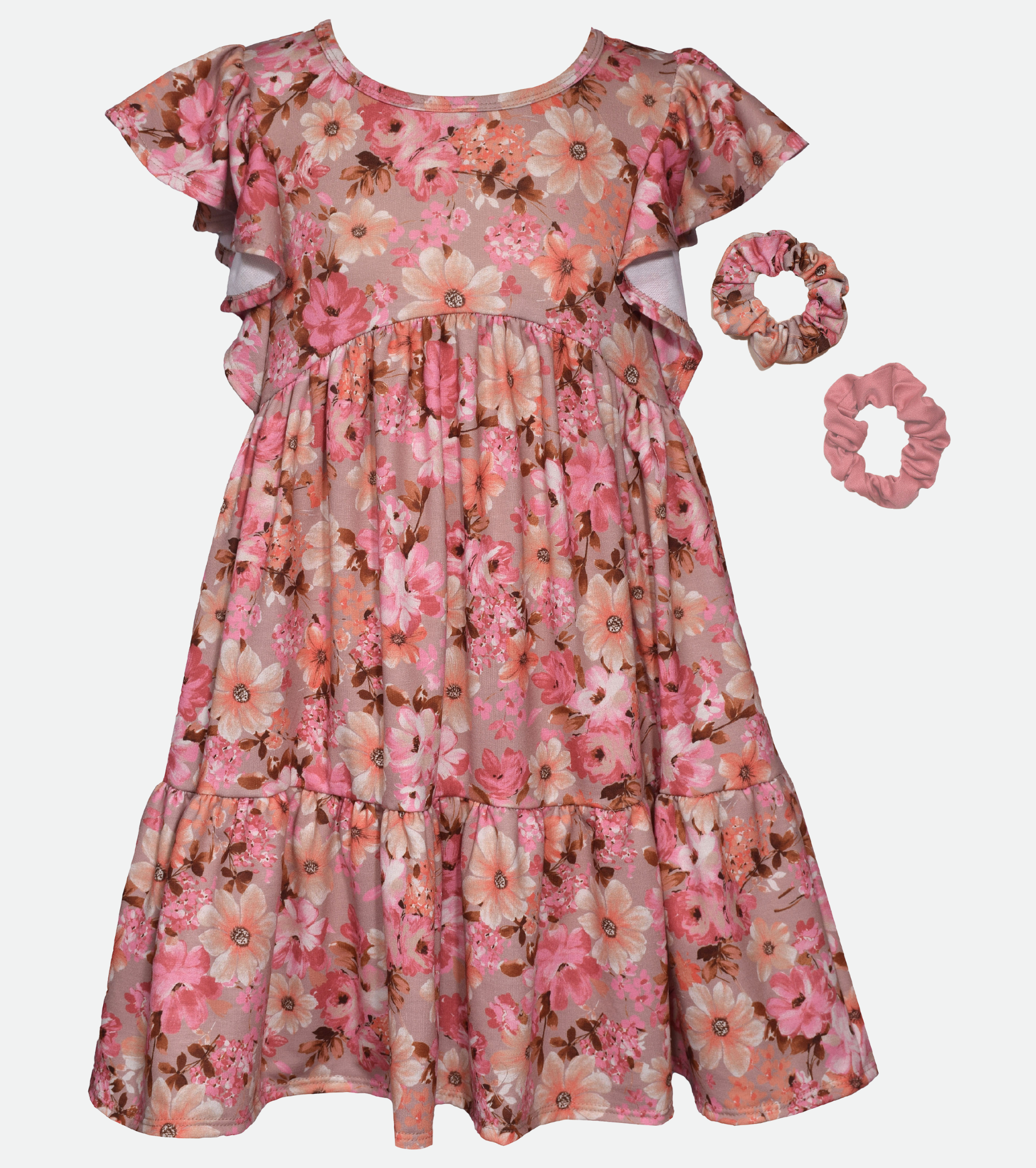 Knit pink floral dress for tween girls with matching scrunchies 