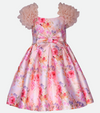 Pink floral party dress with puff sleeves 