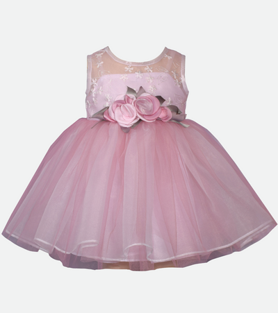 Pink party dress for baby girl with embroidered lace 