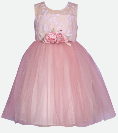 Pink party dress for baby girl with embroidered lace