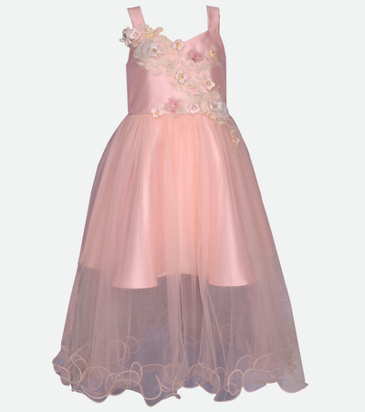 Pink Party Dress for tween girls with flower embroidery and tulle skirt