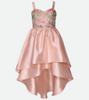 Pink party dress with embroidered bodice and high low skirt party dress for tween girls