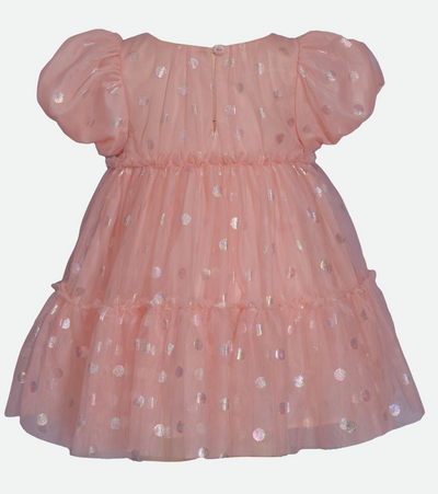 Pink ruffle party dress for baby girl with puff sleeves foiled dot  print