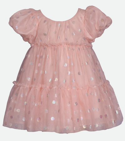 Pink ruffle party dress for baby girl with puff sleeves foiled dot  print