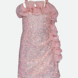 Pink sequin party dress for tween girl with cascade  ruffle