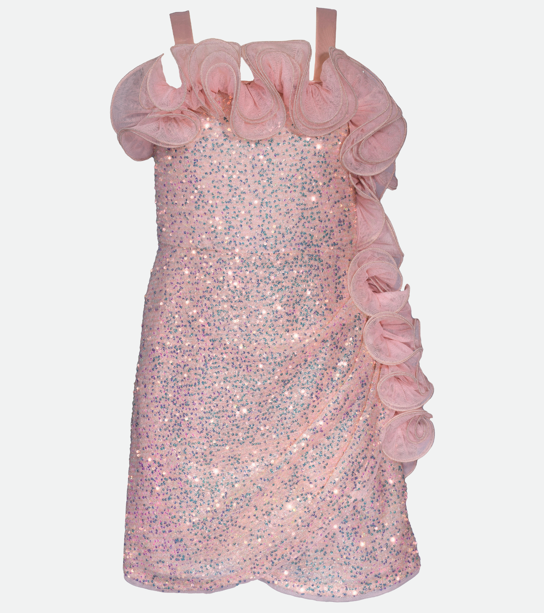 Pink sequin party dress for tween girl with cascade  ruffle