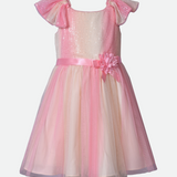 Pink party dress for girls with sequin top mesh skirt and flower trim