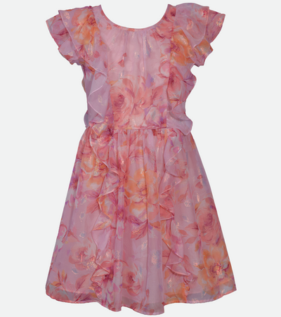 Pink floral chiffon party dress for tween girls