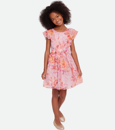 Pink floral chiffon party dress for tween girls