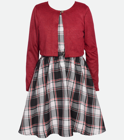 Plaid dress with red cardigan for tween girls