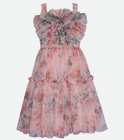 Pink floral ruffle party dress for girls